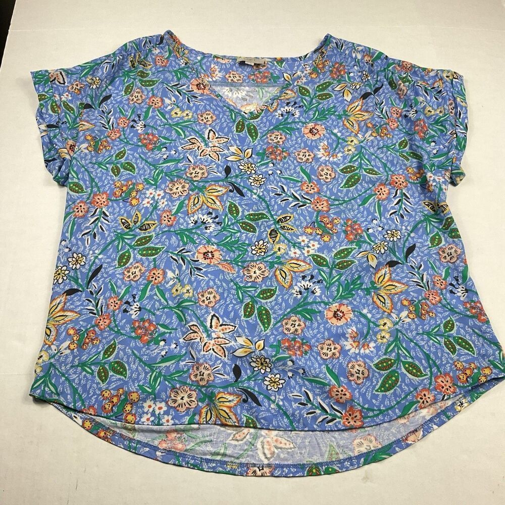 LOFT Blue Floral Boho Blouse XL Flutter Sleeve Lightweight Top Cottagecore Shirt